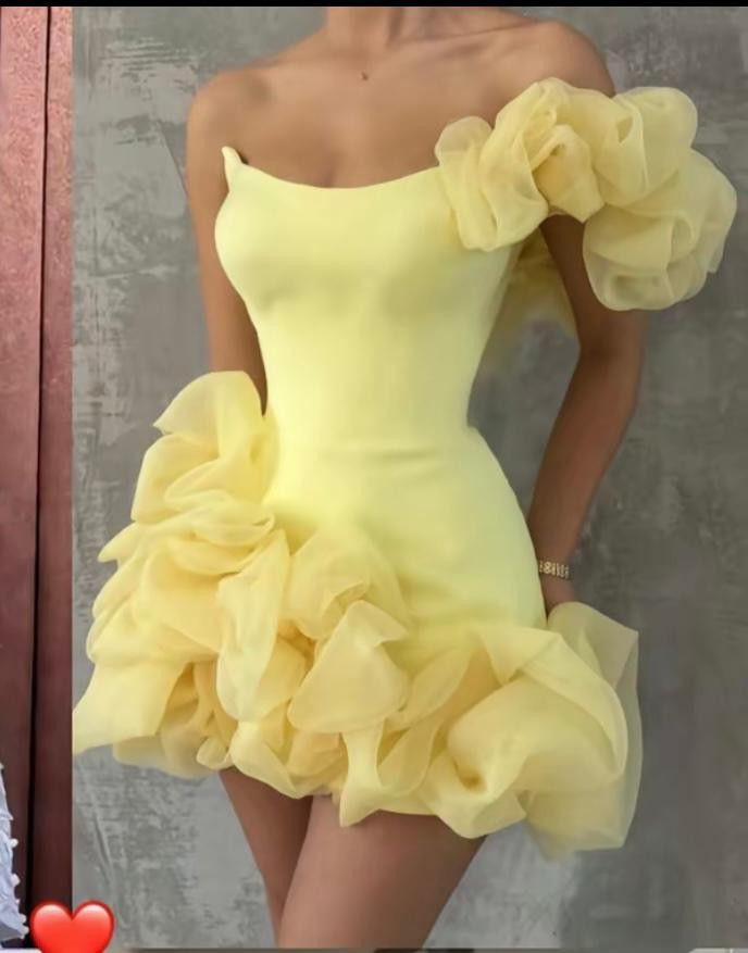 Elegantes Etui-Kleid, One Shoulder, gelber Organza mit Ärmel, kurz, Outfits zum 15. Geburtstag, Homecoming-Kleid MP836