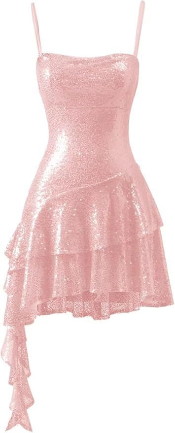 Einzigartige Etui-Kurzarmkleider, Spaghetti-Träger, rosa Pailletten, kurze Mini-Heimkehrkleider, Party-Outfit MP297