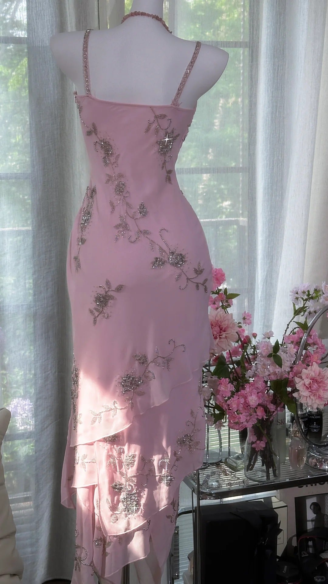 Sparkly Sheath Spaghetti Strap Pink Tea Length Graduation Homecoming 15th Birthday Outfits MP950