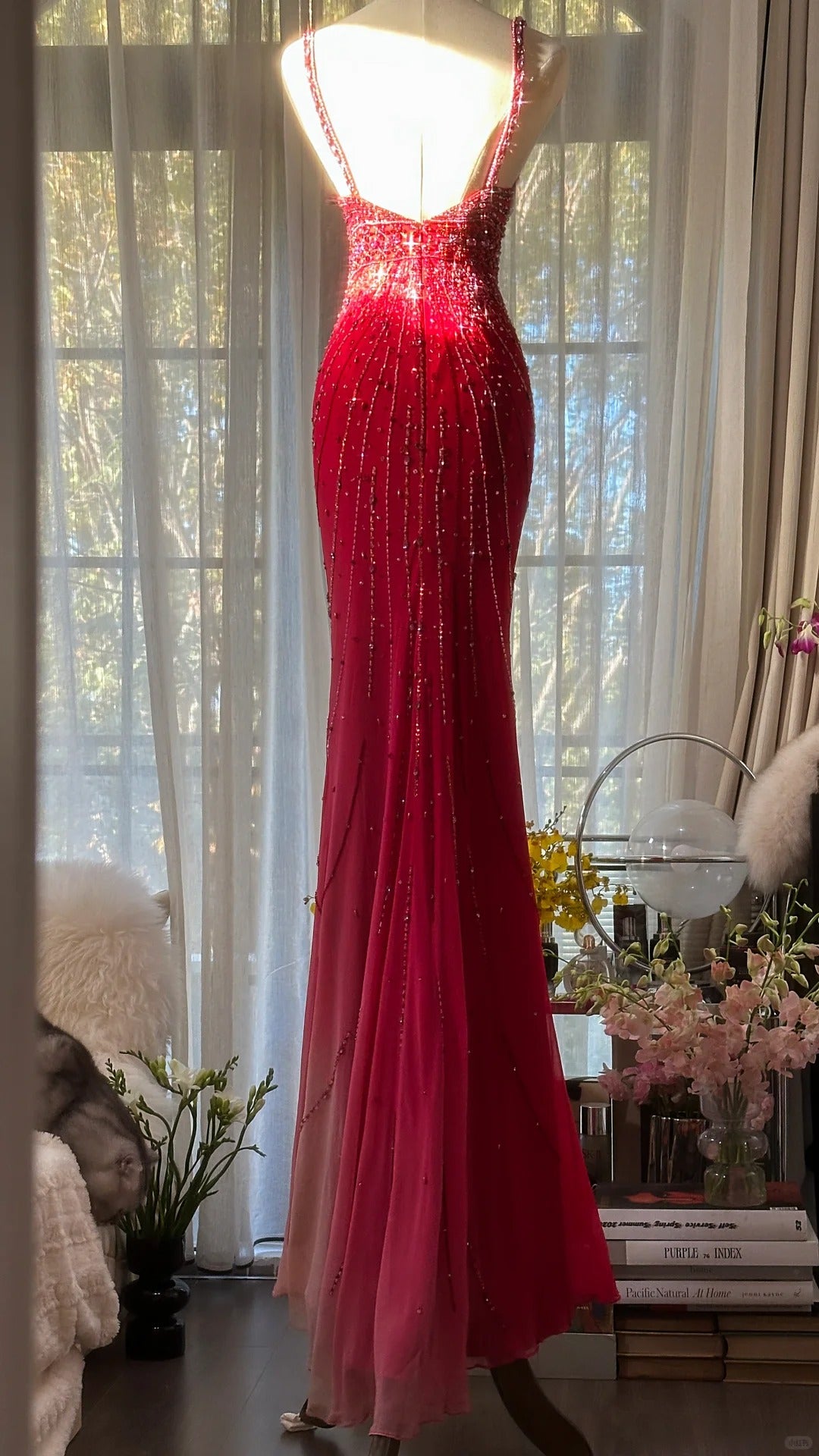 Elegantes Meerjungfrauen-Spaghettiträger-Kleid mit Farbverlauf in Pink, ärmellosem Chiffon, festliche Kleider, lange Ballkleider M5P1106