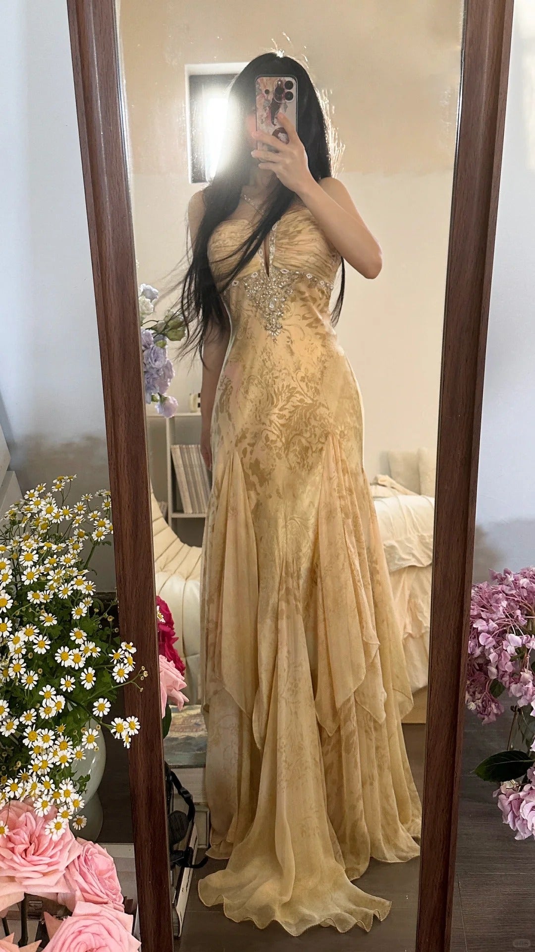 Sexy Mermaid Champagne Chiffon Floor length Sleeveless Formal Outfit Prom Dresses MP1101