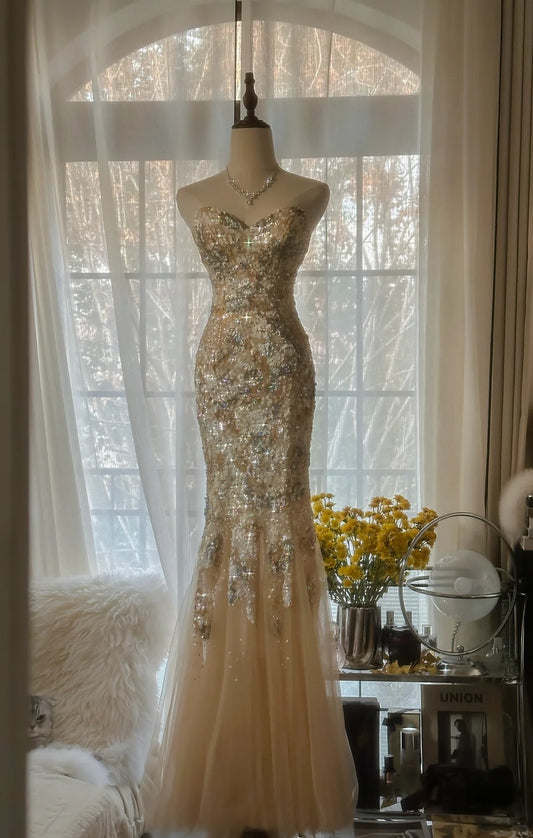 Sparkly Mermaid Sweetheart Champagne Tulle With Lace Sleeveless Formal Outfits Prom Dresses MP1112