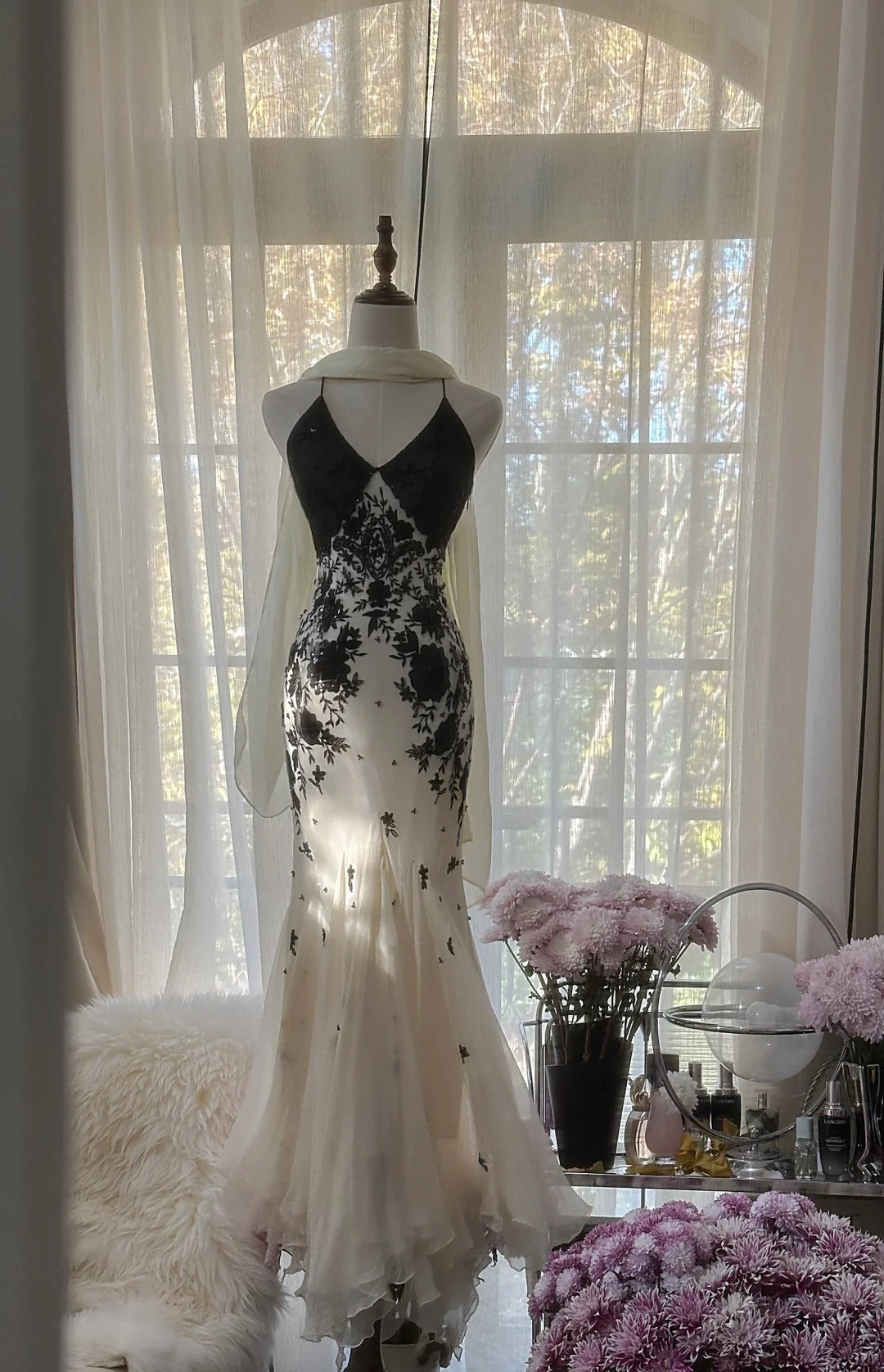 Jolie robe de soirée sirène longue sans manches en mousseline blanche et dentelle noire, robes de bal MP1126