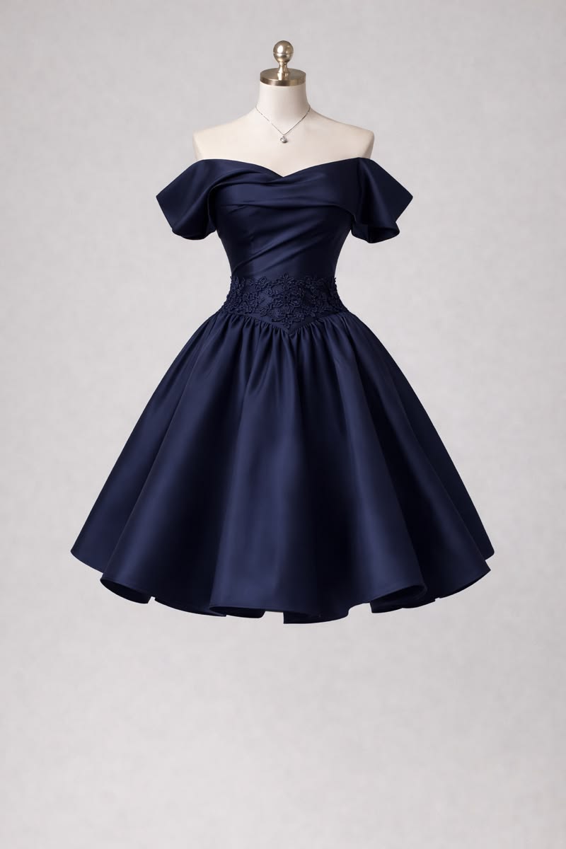 Sexy Ballkleid schulterfrei Marineblau Satin Mini Kurz 16. Geburtstag Outfits Heimkehr Kleider MP936