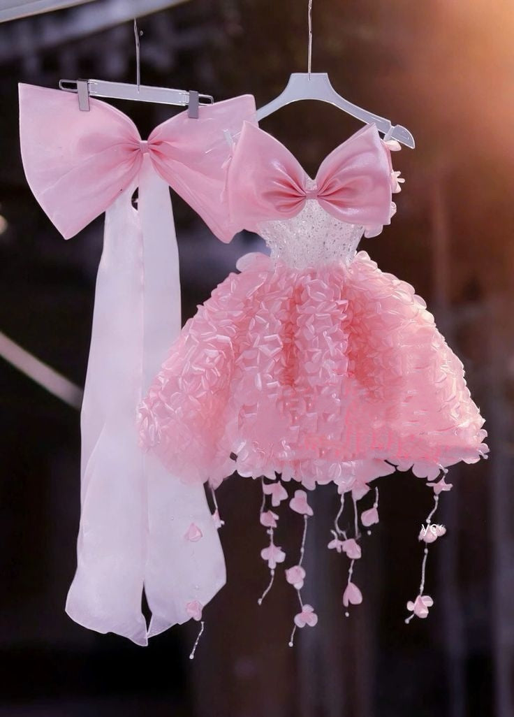 Cute Ball Gown Sweetheart Pink With 3D Bows Dance Short Mini Homecoming Dresses Inspo Hoco Outfit Idea MP1340