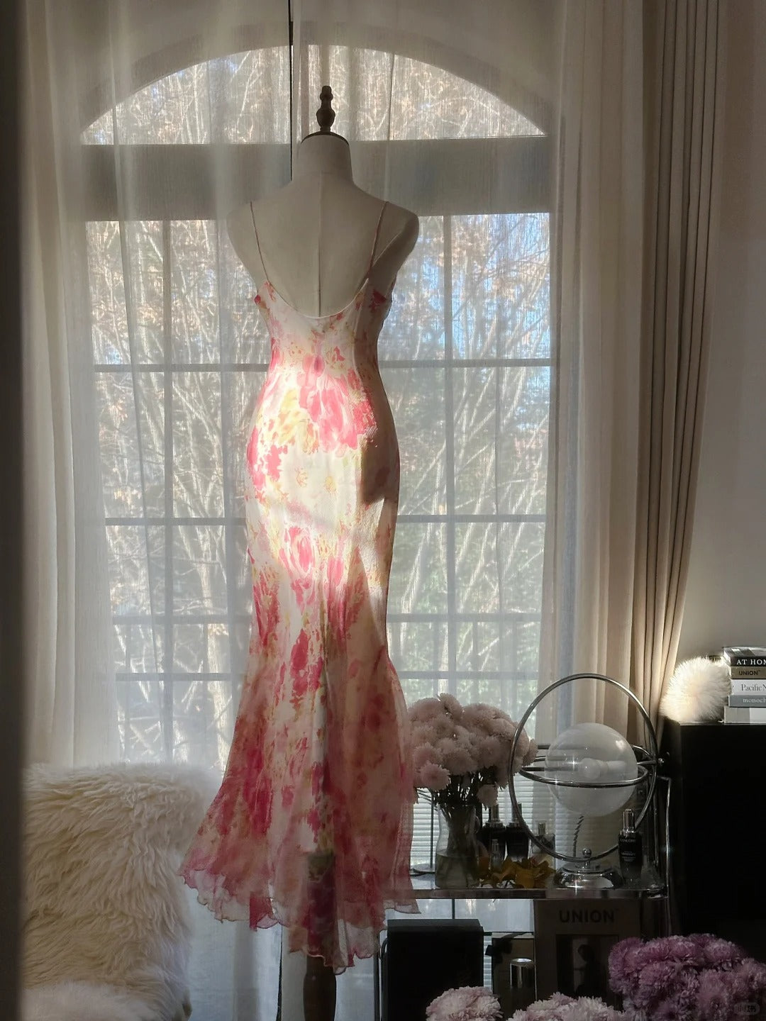 Modest Mermaid Spaghetti Strap Pink Floral Chiffon Long Sleeveless Formal Gown Evening Prom Dresses MP1087