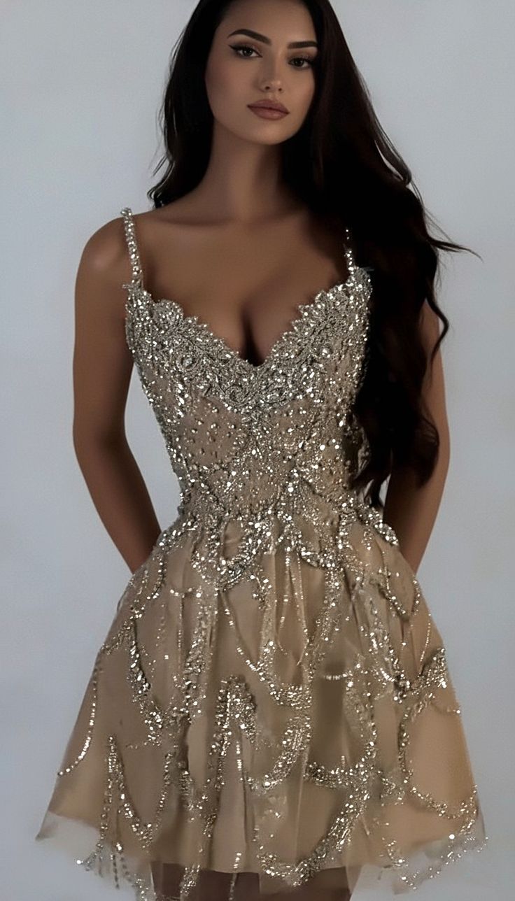 Elegante Heimkehrkleider Ballkleid Champagner Pailletten Minikleid Cocktail Modekleid Party Abschlussball Outfits MP1158