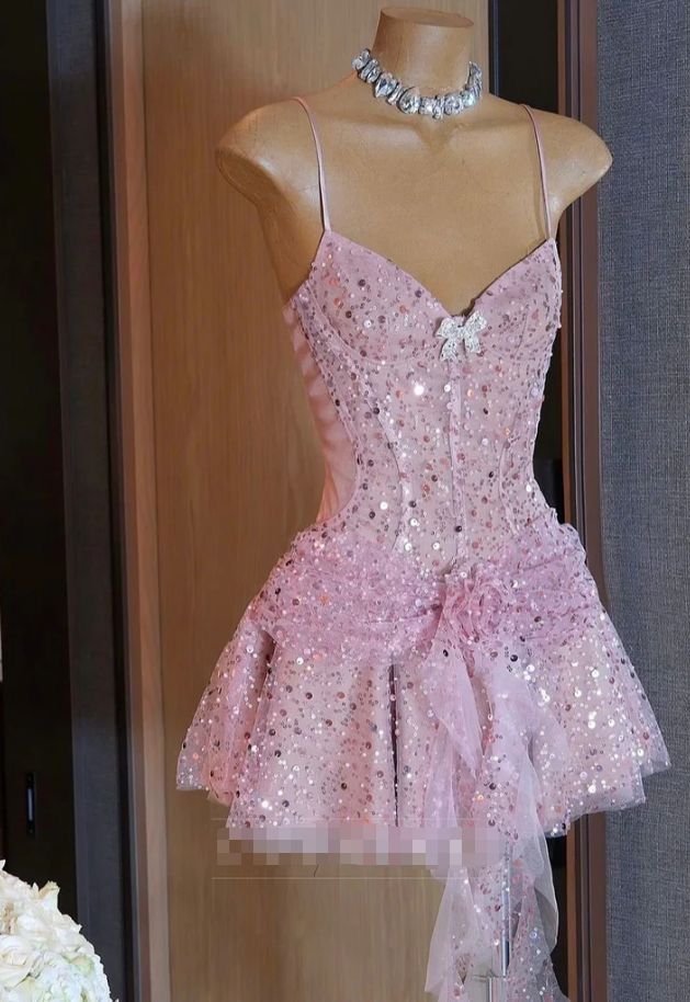 Sparkle A-Linie Rosa Pailletten-Heimkehrkleider Mini Cocktailkleid Fashion Abendkleid Party Abschlussball Outfits MP1163