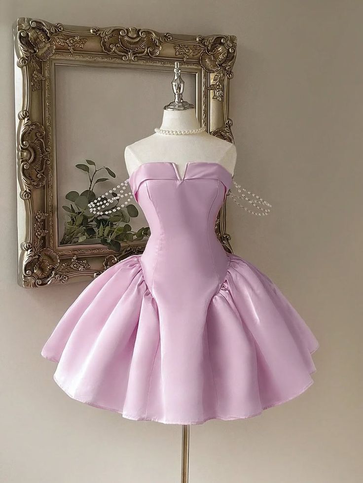 Süßes Ballkleid Trägerlos Satin Pink Kurz Mini 15. Geburtstag Outfits Heimkehrkleid MP693
