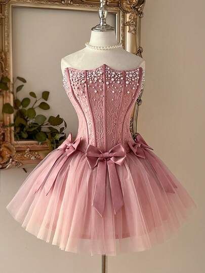 Pretty Ball Gown Strapless Pink Lace Dress Graduation Short Homecoming Dresses 18th Birthday Outfits MP847