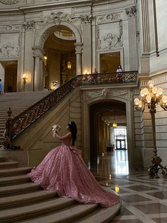 Modest Ball Gown Strapless Pink With Sequins Prom Dresses Sweet 16 Dress Graduation Gown MP522