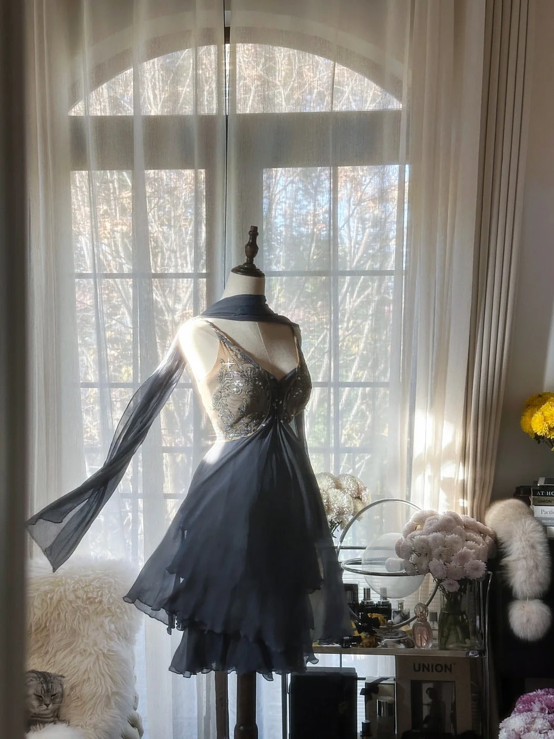 Sexy Homecoming Dresses A Line Spaghetti Strap Dusty Blue Chiffon Short Length Cocktail Graduation Outfits MP1104