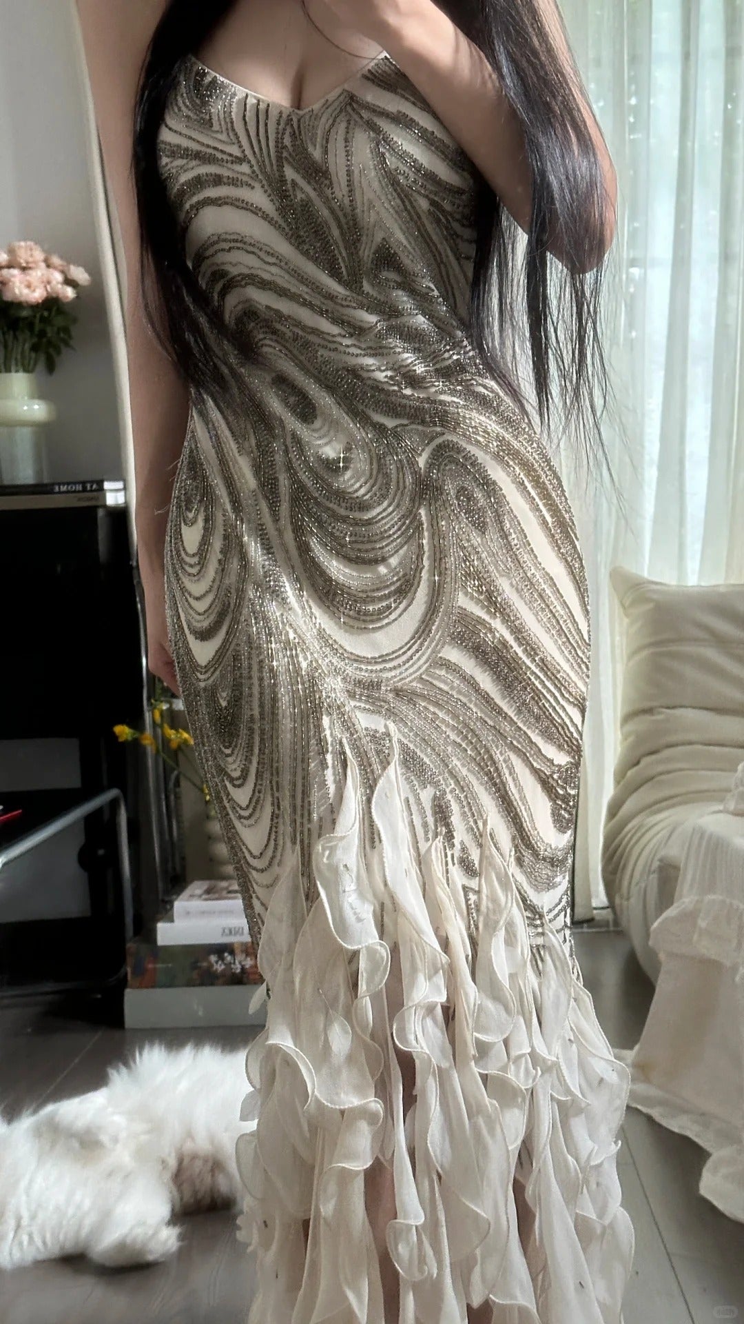 Pretty Mermaid Spaghetti Strap Champagne Chiffon With Beading Layers Long Sleeveless Evening Gala Gowns Prom Dresses MP1141