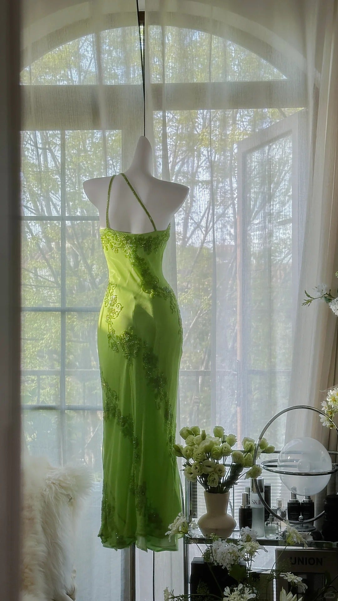 Vintage Meerjungfrauen-Abendkleid mit einer Schulter, grün, mit Perlenstickerei, lang, für den Abschlussball MP992