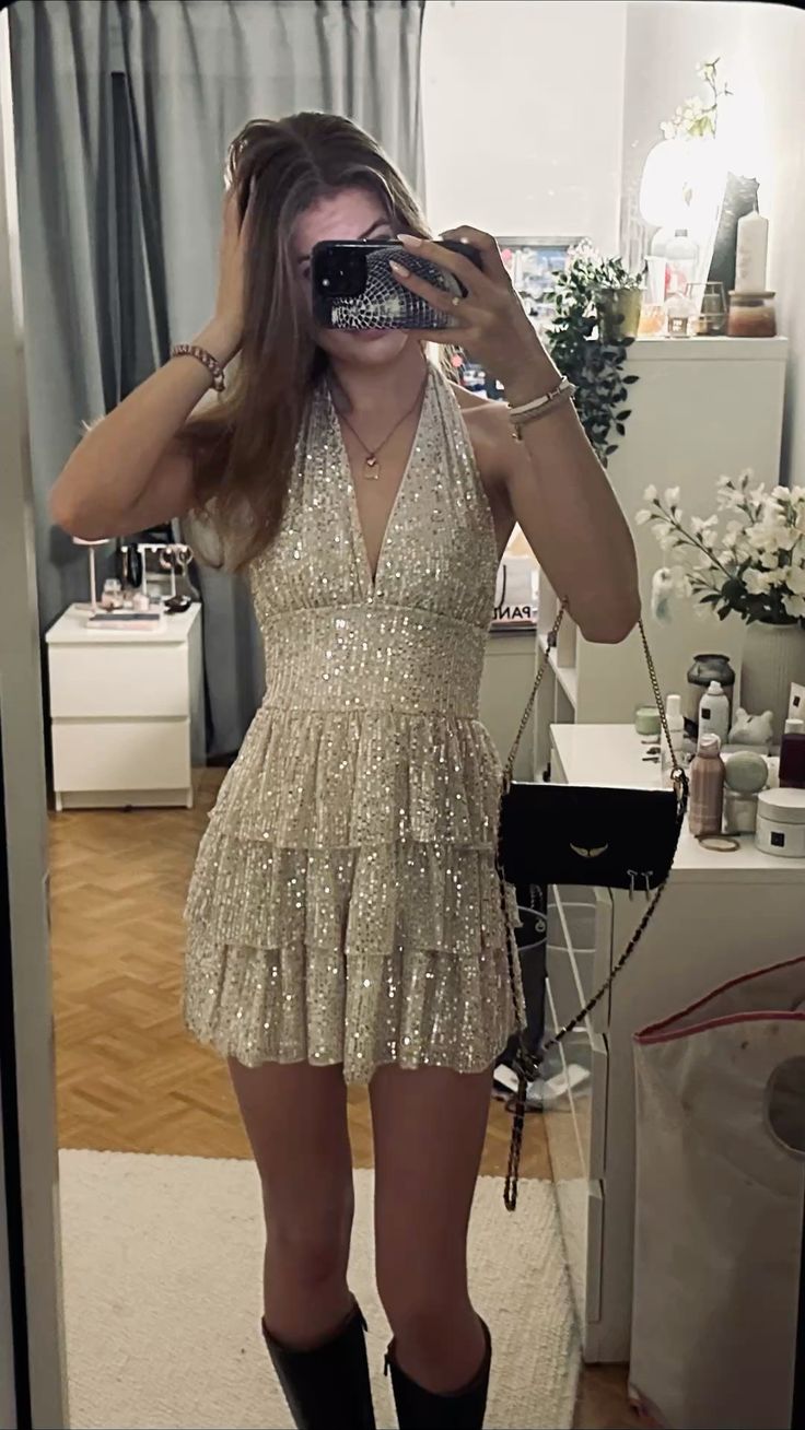 Sparkly A Line Halter Sequin Dance Short Mini Homecoming Dresses Inspo Hoco Outfit Ideas MP1364