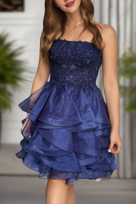 Hübsches Ballkleid Trägerlos Marineblau Spitze Abschluss Kurz Homecoming Kleid 18. Geburtstag Outfits MP843