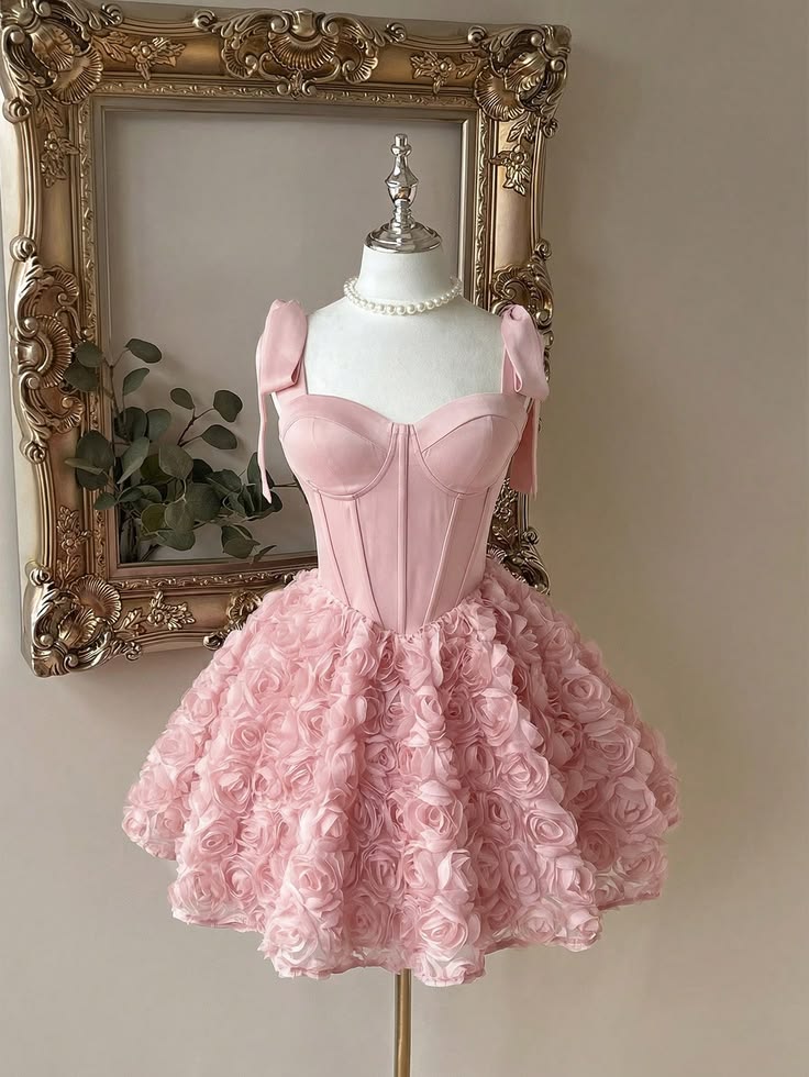 Mignonne Robe de Bal à Bretelles Rose avec Nœuds 3D Robes Courtes Mini de Rentrée pour la Danse Idée de Tenue Hoco MP1344