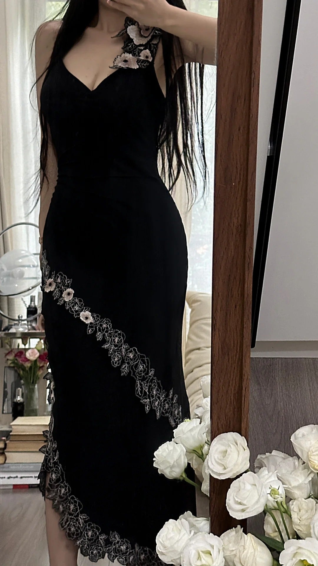 Sexy Mermaid Black Chiffon With Applique Long Sleeveless Formal Gown Prom Dresses MP1093