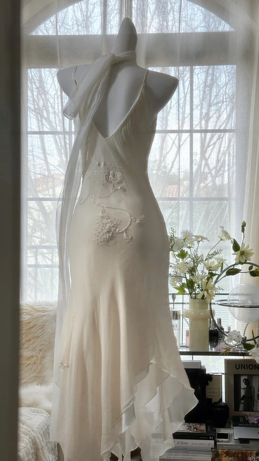 Classy Mermaid Spaghetti Strap White Mid Length Evening Night Gown Sleeveless Prom Dresses MP981