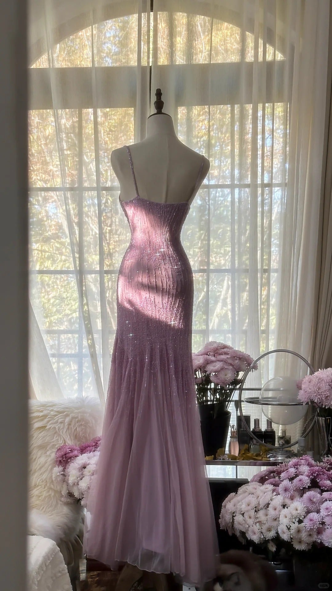 Wunderschönes Meerjungfrauenkleid mit Spaghettiträgern, fliederfarbenem Chiffon und Schal, lange Abendkleider, Ballkleider MP1121