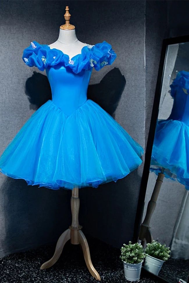 Elegantes Ballkleid schulterfrei königsblau kurz Mini Geburtstag Homecoming Kleid MP613