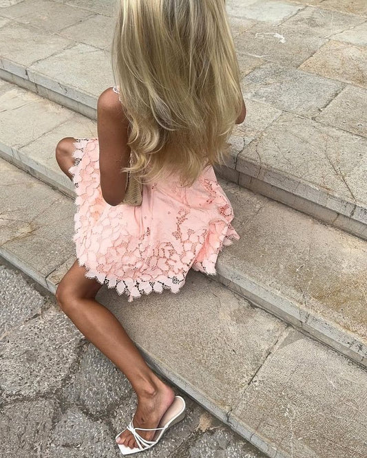 Kurzes, rosafarbenes Spitzen-Minikleid mit Trägern in A-Linie für die Heimkehr, 17. Geburtstag Partykleid MP412
