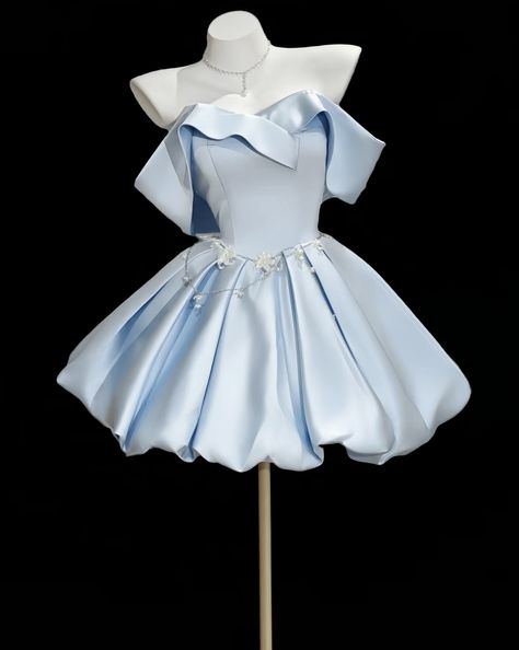 Elegant Ball Gown Off The Shoulder Light Sky Blue With Sleeves Satin Short 15th Birthday Outfits Homecoming Dress MP823