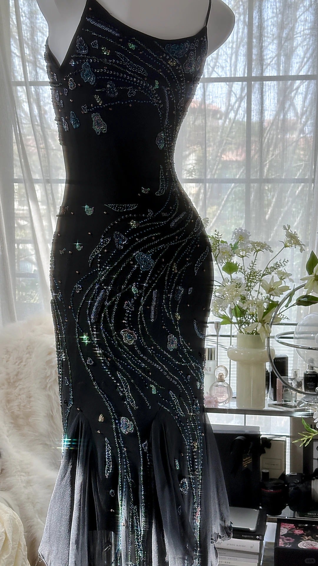 Classy Mermaid Spaghetti Strap Black Chiffon Layers Irregular Evening Night Gown Sleeveless Prom Dresses MP983