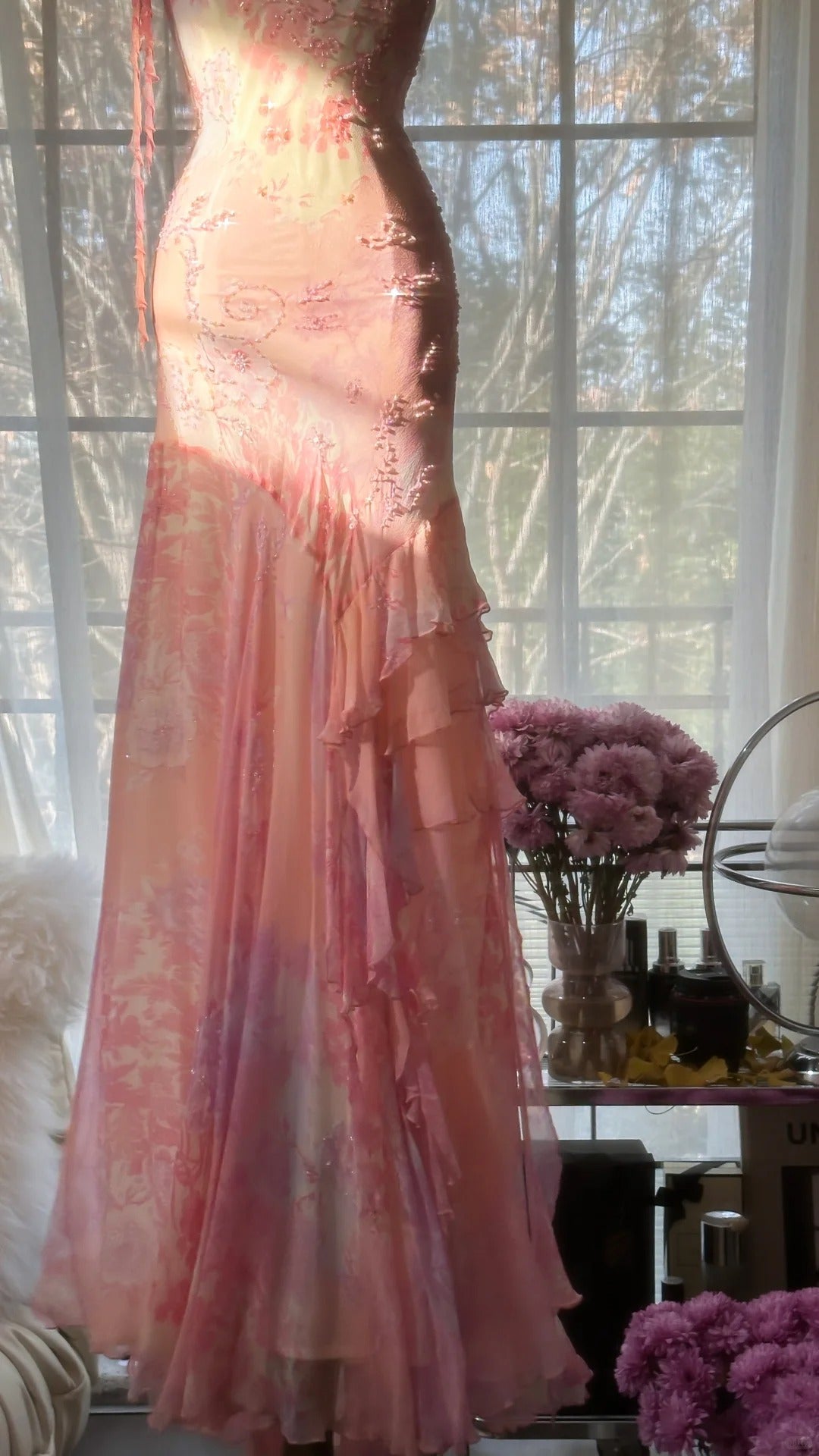 Sexy Mermaid Spaghetti Strap Pink Floral Chiffon Floor length Sleeveless Formal Outfit Prom Dresses MP1102