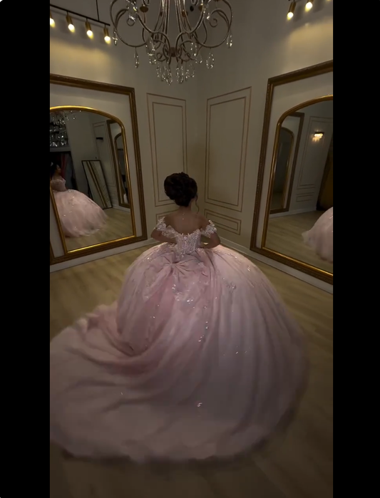 Modest Ball Gown Off The Shoulder Pink With Lace Applique Sweet 16 Dress Graduation Gown MP788