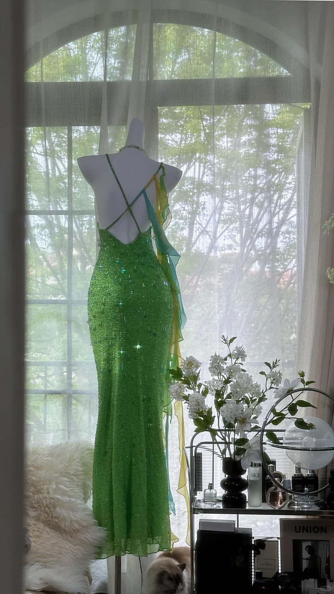 Glitzernde Meerjungfrauen-Spaghettiträger Grünes Chiffon Langes Abendkleid Ärmellose Ballkleider MP1001