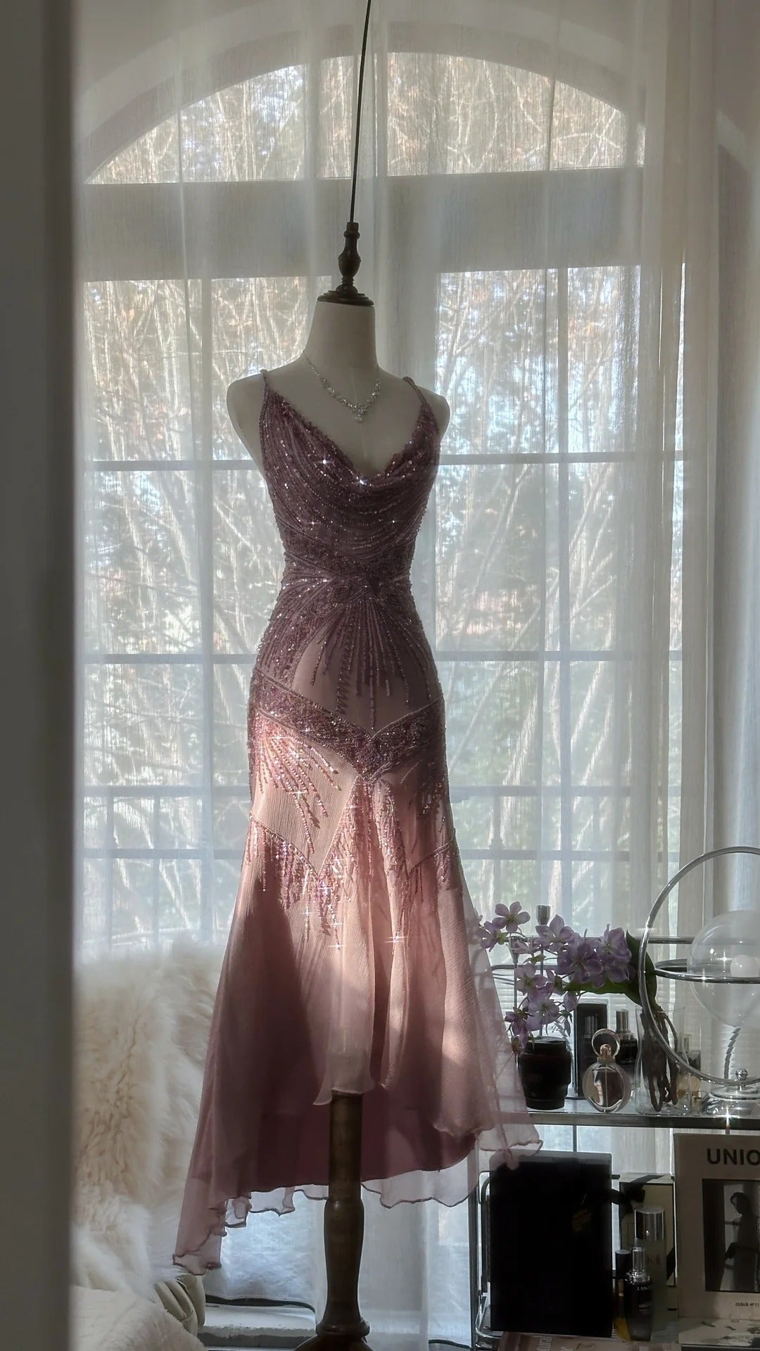 Bescheidenes Meerjungfrauen-Spaghetti-Trägerkleid, ärmellos, rosa, mit Perlenstickerei, formelles Ballkleid aus Chiffon für den Abend, MP1052