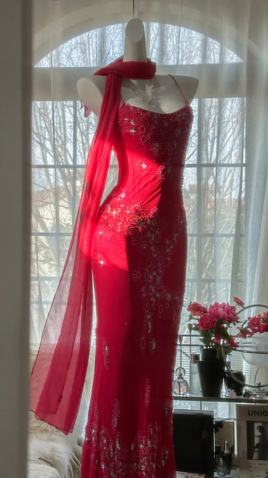 Modest Mermaid Spaghetti Strap Red With Crystals Chiffon Beaded Evening Night Gown Sleeveless Prom Dresses MP1028