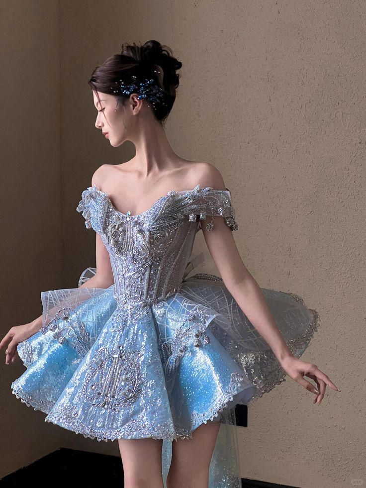 Elegantes Ballkleid schulterfrei Pailletten blau kurz Mini Satin Geburtstag Homecoming Kleid MP679