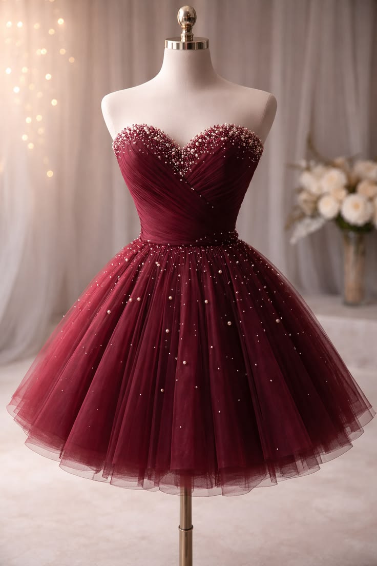 Prinzessin Ballkleid Herzform Burgunder Tüll Abschluss Kurz Homecoming Kleid 15. Geburtstag Outfits MP828