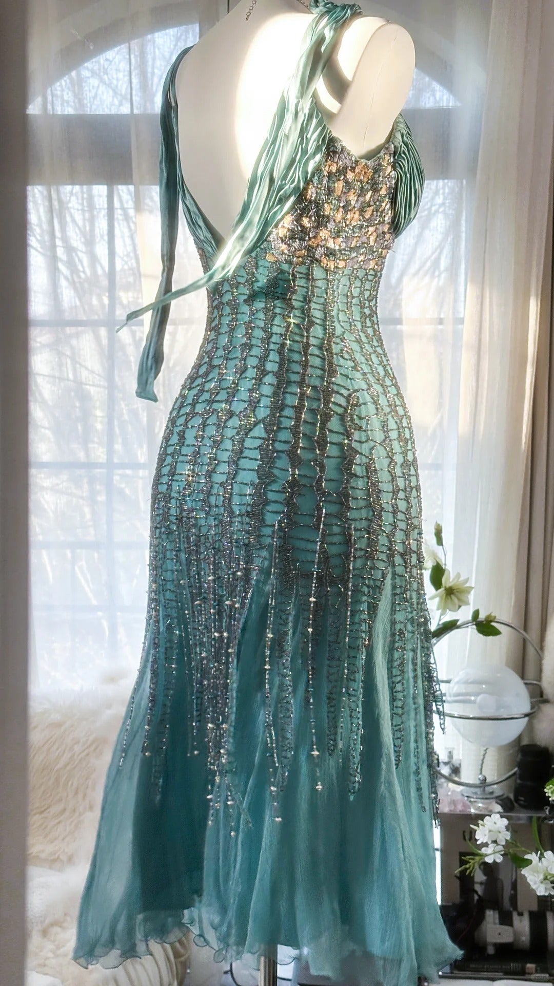 Vintage Mermaid Spaghetti Strap Blue With Silver Beading Evening Night Gown Tea Length Prom Dresses MP988