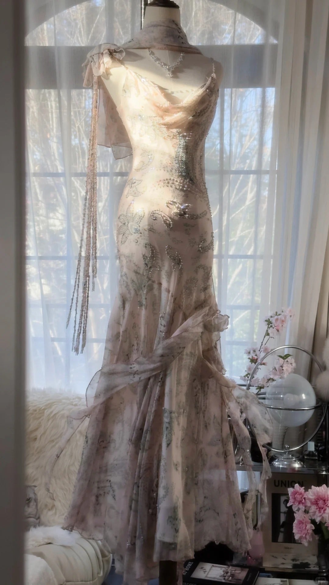 Vintage Mermaid Spaghetti Strap Chiffon With Beaded Floral Formal Gown Long Evening Night Prom Dresses MP1019