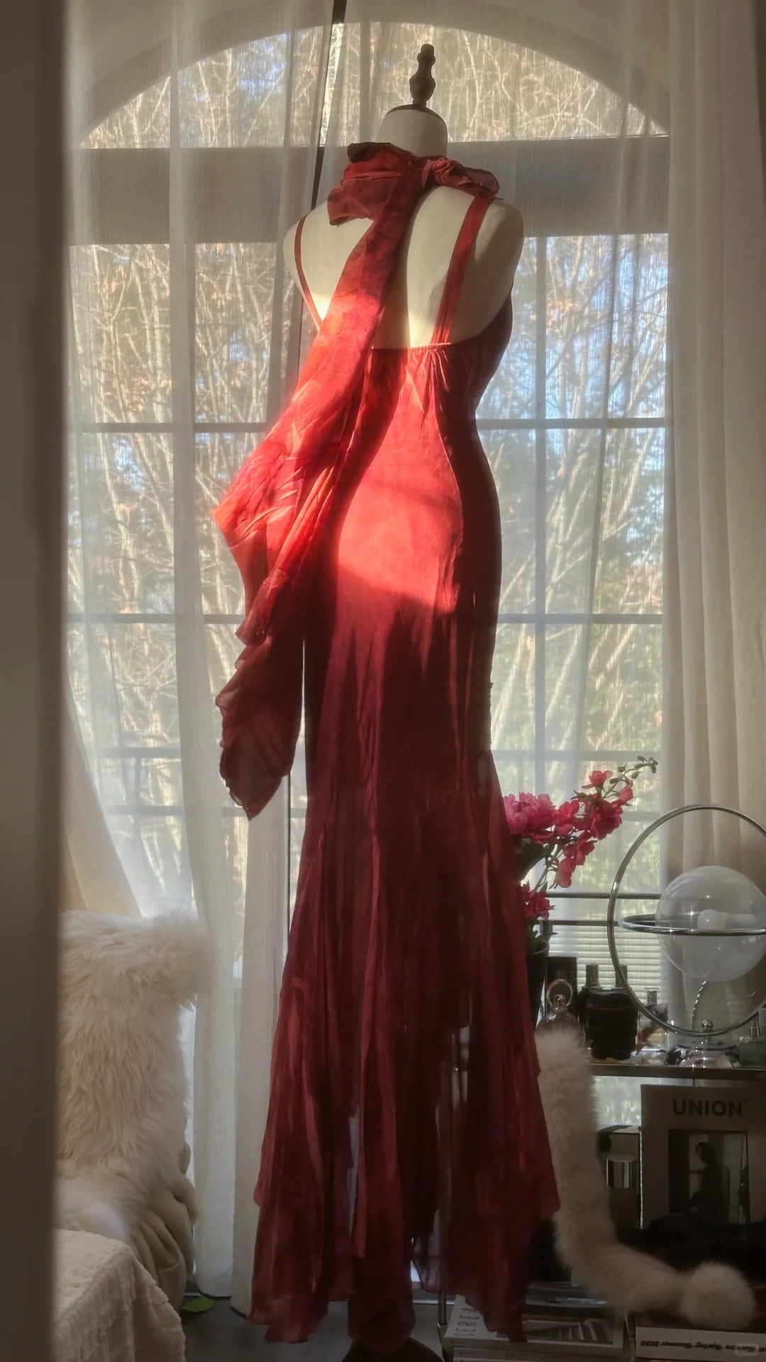 Robe de soirée longue Modest Mermaid en mousseline de soie bordeaux à fines bretelles avec perles, robes de bal MP1041