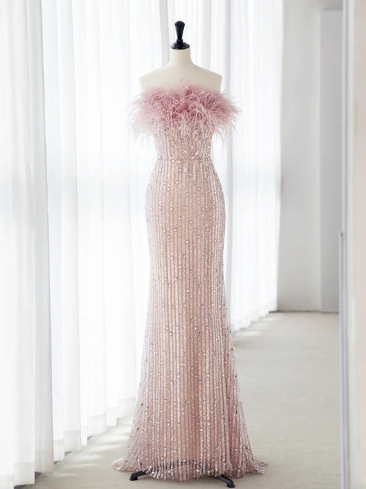 Sleek Light Pink Mermaid Prom Dresses Beads Feather Long Formal Dress MP230