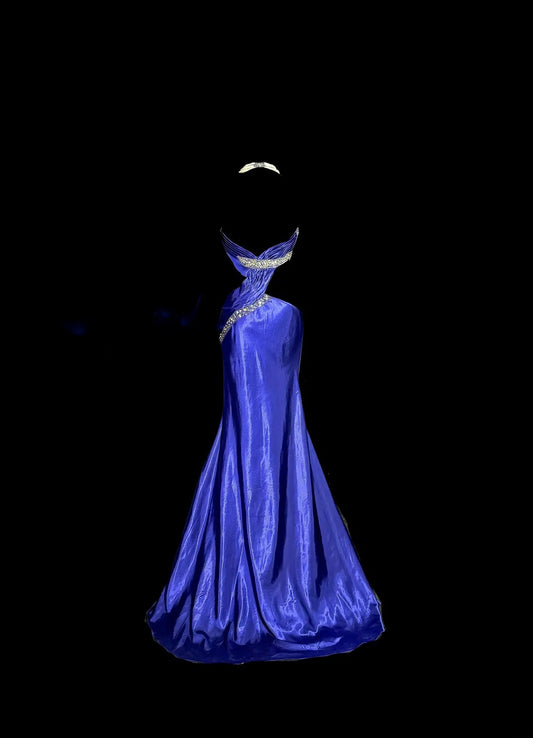 Vintage Long 80s Prom Dresses Royal Blue Mermaid Halter With Beading Satin Formal Dress Graduation Gown MP376