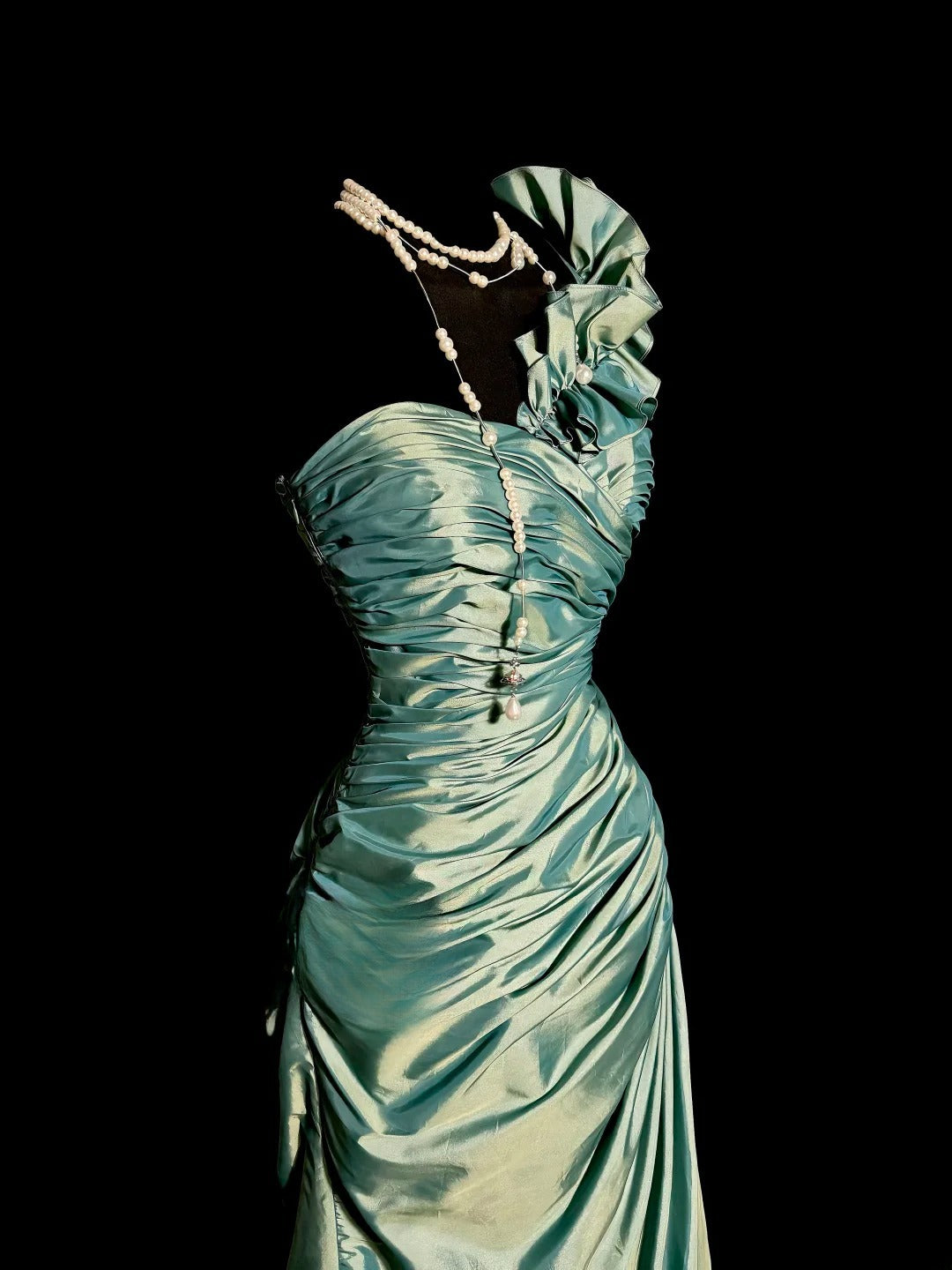 Vintage Lange 60er Jahre Ballkleider Meerjungfrau Grün One-Shoulder Satin Abendkleider Abschlussballkleid MP379