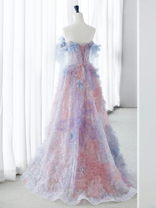 Cute Long Prom Dresses Ball Gown Strapless Floral Tulle Senior Formal Dress Ideas Graduation Gown MP248