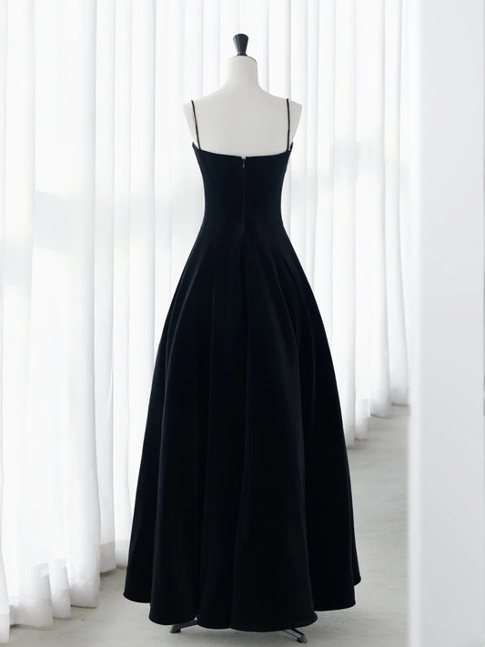 Simple Prom Dresses Long A-Line Spaghetti Straps Black Ruffles Long Satin Graduation Formal Dress MP249