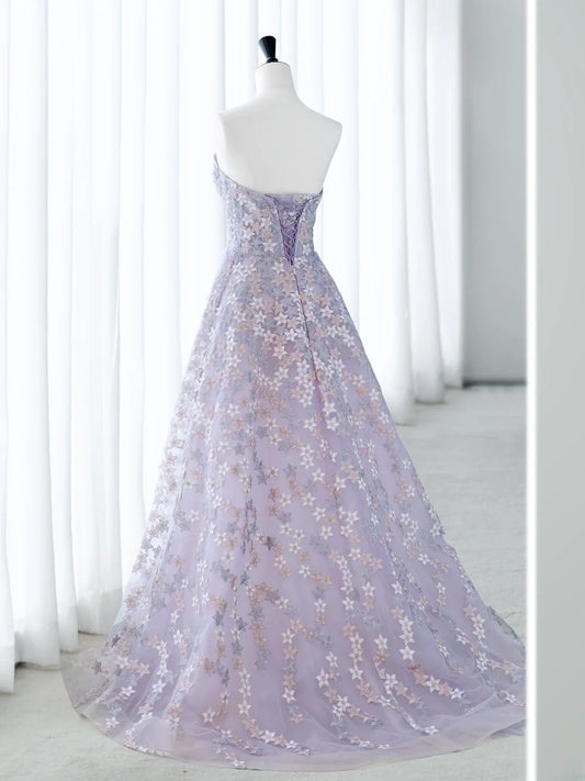 Cute Long Prom Dresses Ball Gown Sweetheart Lilac Floral Tulle Senior Formal Dress Ideas Graduation Gown MP249