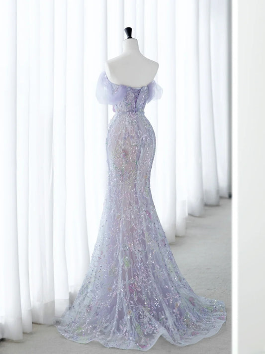 Classy Elegant Long Prom Dresses Mermaid Sweetheart Lilac Floral Tulle Senior Formal Dress Ideas Graduation Gown MP250