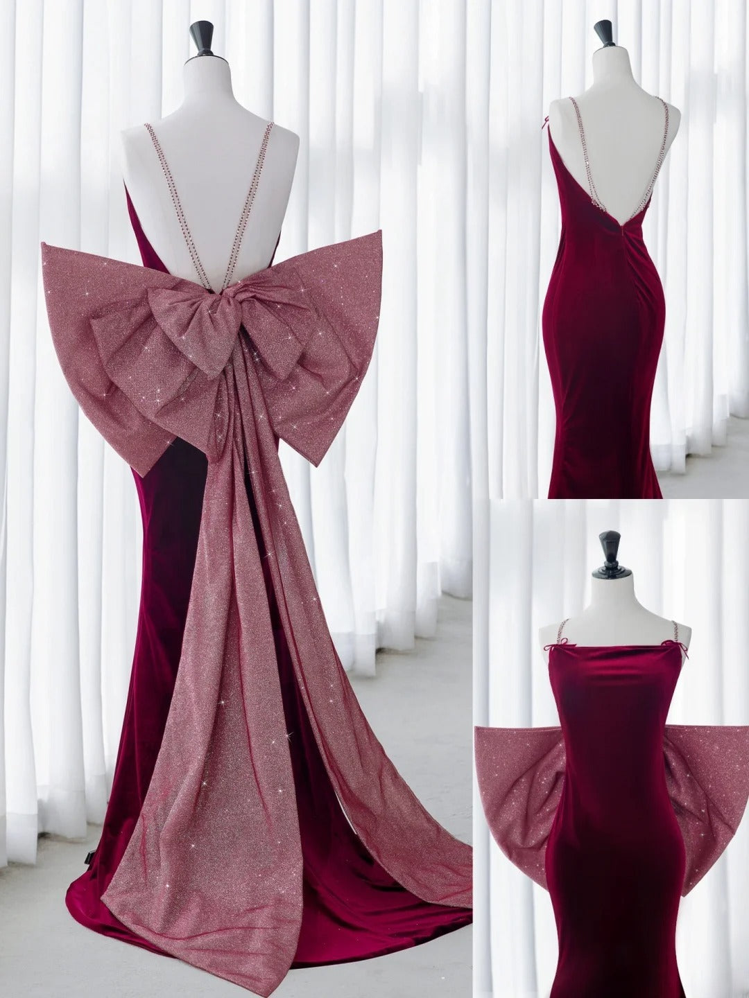 Simple Prom Dresses Long Mermaid Spaghetti Straps Velvet Burgundy With Bow-knot Graduation Formal Dress MP252