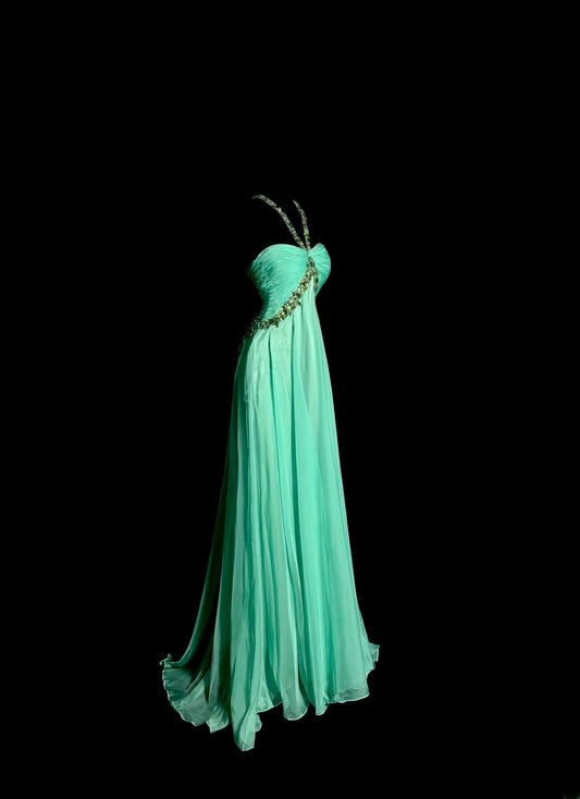 Vintage Long 80s Prom Dresses A line Halter Green Chiffon Formal Dresses Graduation Gown MP387