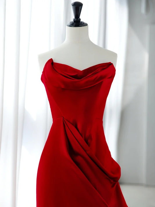 Simple Prom Dresses Long Mermaid Sweetheart Red Satin With Ruffles Graduation Formal Dress MP255