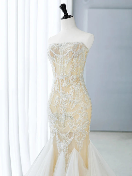 Elegant Mermaid Strapless White Tulle Lace Bodice Princess Bridal Gown Long Wedding Dresses MP257