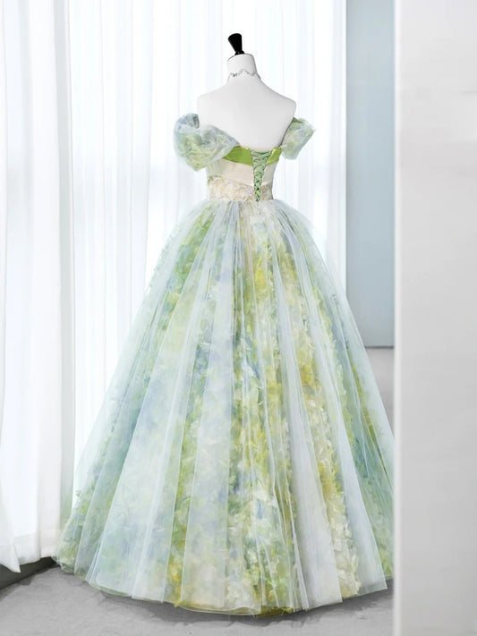 Süße, lange Quinceañera-Kleider Ballkleid Off-Shoulder Blumen Grün Tüll mit Ärmeln Quince-Kleid MP258